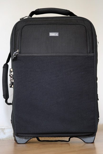 Front view of the Airport International, showing the secondary pocket and stretchy laptop pocket.