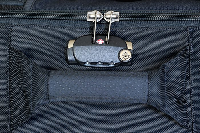 Three digit Samsonite TSA lock for main compartment is built in to the side of the bag, just near the carry handle.