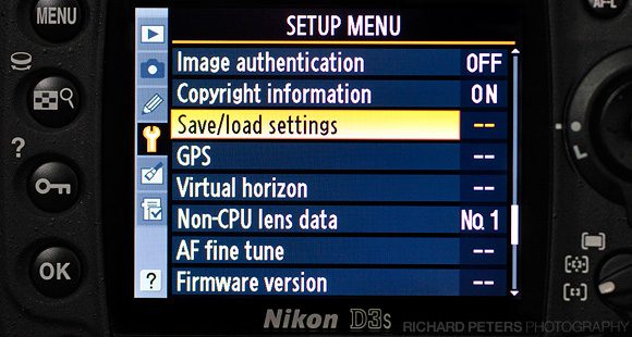 Load Save is located inside the Setup Menu Load Save is located inside the Setup Menu on the Nikon D3s, as well as many other Nikon DSLRs