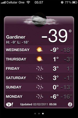 Gonna be a cold day! My iPhone weather app hints at how cold it's going to be when I leave the hotel that morning. Yellowstone National Park in winter.