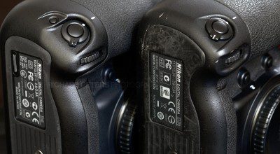 The D4 and D3s vertical grip and shutter release Comparison of the Nikon D4 and D3s vertical thumb grips and shutter release buttons.