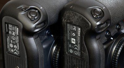 Comparison of the Nikon D4 and D3s vertical thumb grips and shutter release buttons.